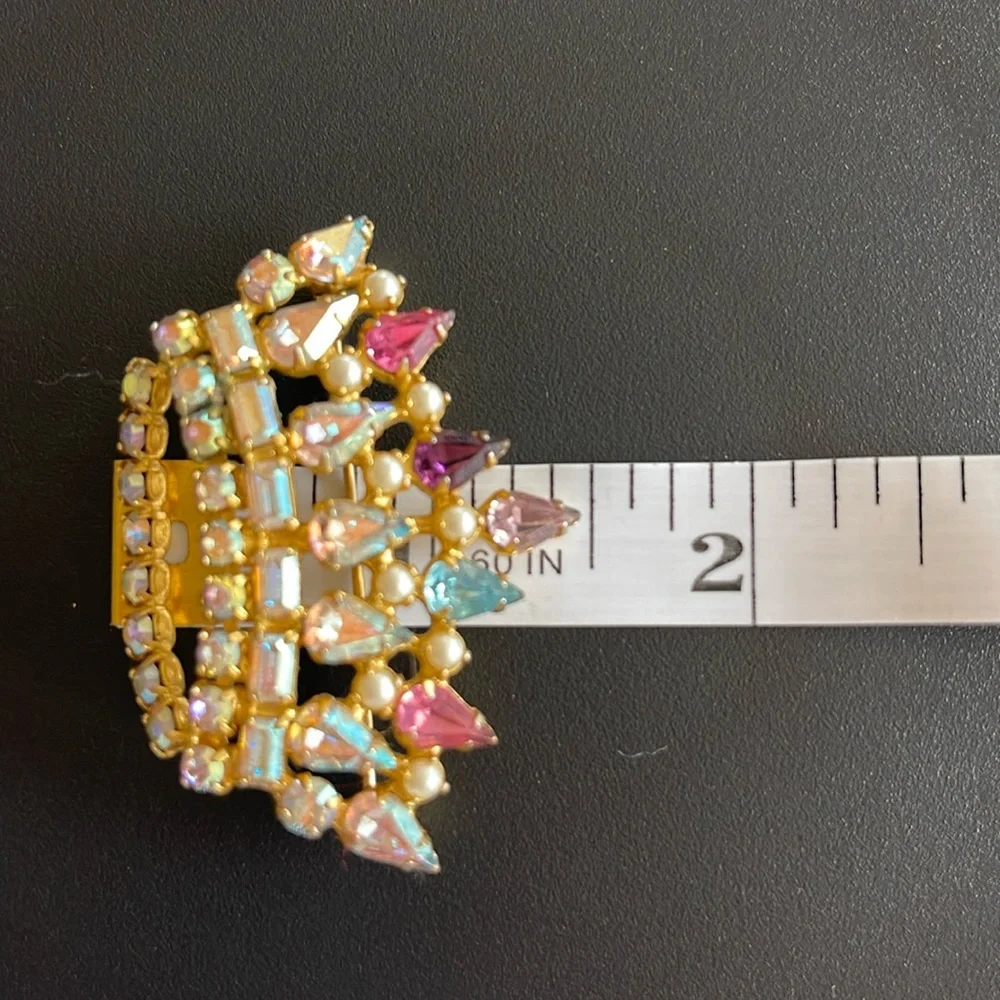 B.DAVID Signed Gold Tone Tiara Crown FauxPearl Aurora Borealis Iridescent Brooch